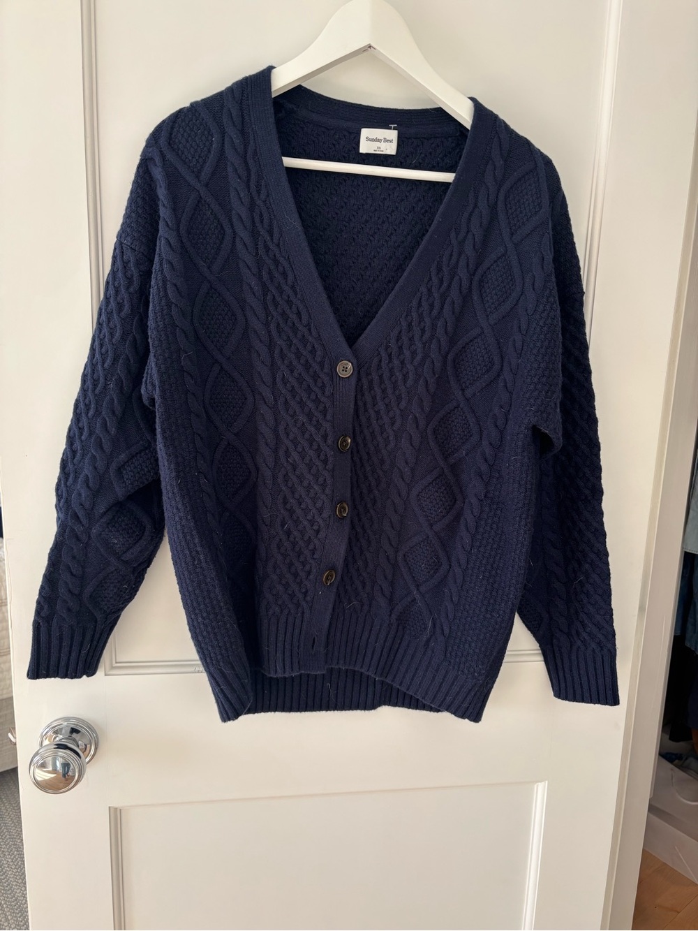 Aritzia Sunday Best Navy Cable-Knit V-Neck Cardigan Sweater - XS